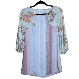 Oddy Womens Casual Blouse Multicolor Striped‎ Floral Size Small 3/4 Sleeves